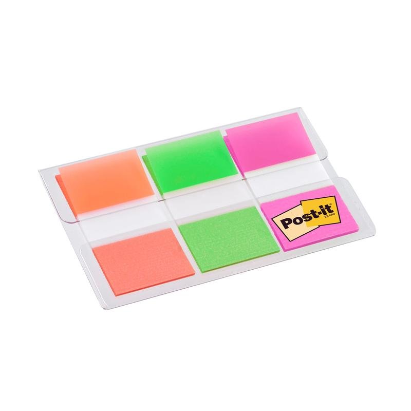 Un distributeur en plastique transparent de 3M Deutschland GmbH contient 60 bandes adhésives Post-it® Index (25,4 x 43,2 mm) en orange, rose et vert pour marquer des documents; le logo Post-it est visible sur un côté.