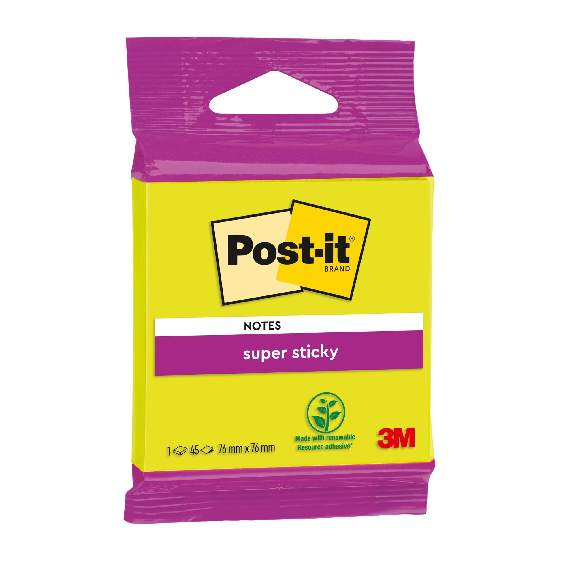 Post-it® Super Sticky Notes von 3M Deutschland GmbH, 76 mm x 76 mm, 45 Blatt/Block, in gelber Verpackung mit lila Akzenten, haben einen Klebstoff aus nachwachsenden Rohstoffen und sind PEFC-zertifiziert.