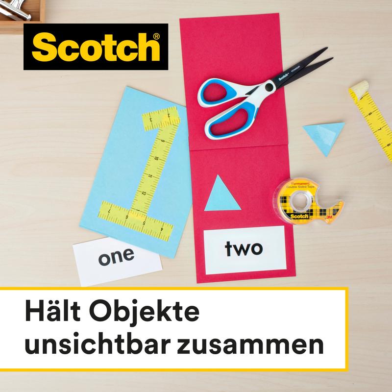 Sur une surface en bois se trouvent des ciseaux, une règle, du papier coloré avec "un" et "deux" et 1 rouleau de ruban adhésif double face Scotch® (19 mm x 33 m) de 3M Deutschland GmbH. Texte allemand : "Maintient les objets ensemble de manière invisible." Parfait pour les besoins en bricolage.