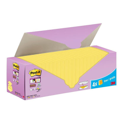 Une boîte de 3M Post-it® Super Sticky Z-Notes en jaune (76 x 76 mm) avec un emballage en carton violet porte l'inscription "20 blocs + 4 gratuits/paquet" et contient 90 feuilles/bloc, fabriquée à partir de papier certifié 100% PEFC.