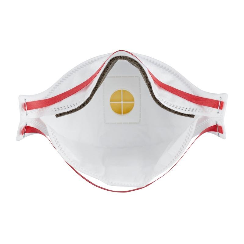 Un gros plan du masque anti-particules 3M™ Aura™ Comfort Cool Flow™ 9332+ FFP3 de 3M Deutschland GmbH, montrant le design blanc, la valve centrale d'expiration jaune et les bandes élastiques rouges de chaque côté.