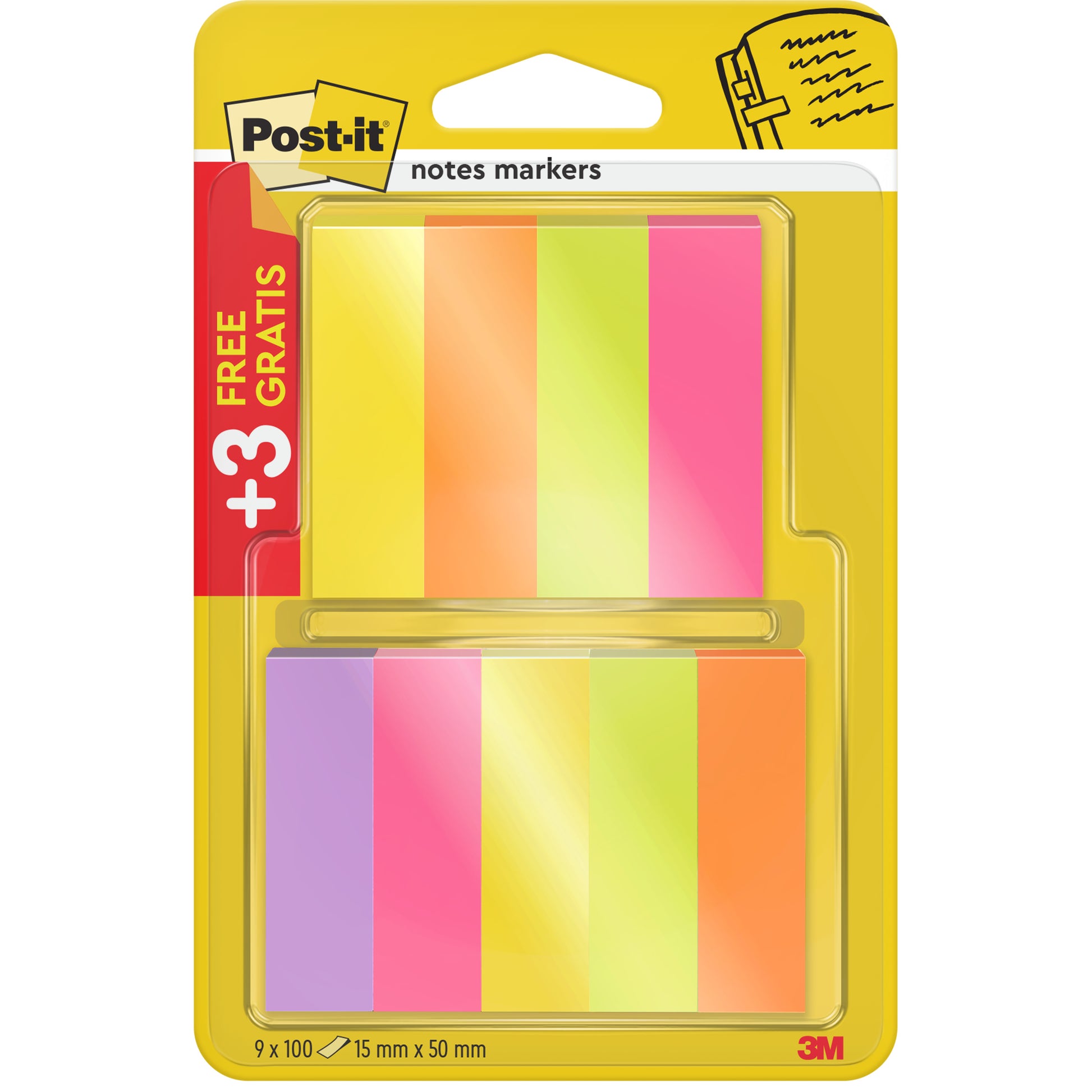 Der Post-it® Page Marker von 3M Deutschland GmbH enthält 6 Blöcke plus 3 Gratisblöcke in verschiedenen Farben (15x50mm, 100 Blatt/Block). Die Promo-Packung ist mit &quot;+3 Gratis/Packung&quot;, englischem/spanischem Text und PEFC-Zertifizierung versehen.