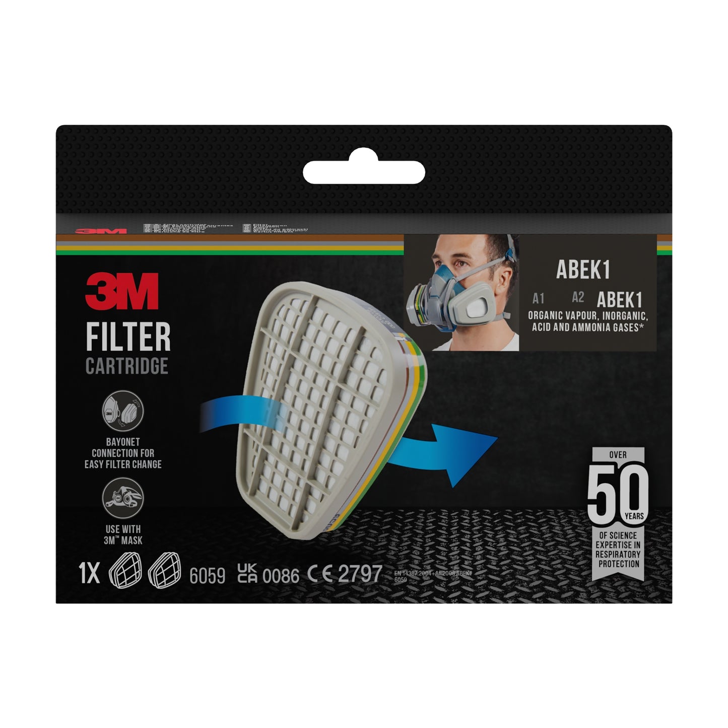 Eine 3M™ Filterpatrone 6059, ABEK1-Kombinationsfilter (1 Paar/Packung) der 3M Deutschland GmbH ist mit Produktbild, Modellnummer, einer Person mit Atemschutzmaske und über 50 Jahren Atemschutzerfahrung auf der Verpackung abgebildet.