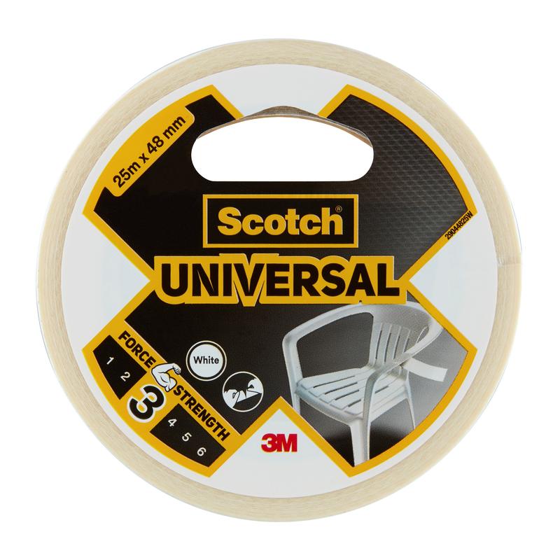 Un rouleau de ruban adhésif Scotch® Universal 2904 (25 m x 48 mm) de 3M Deutschland GmbH avec une étiquette principalement blanc-noir, sur laquelle est représentée une chaise en plastique blanc; la résistance est de 3/6.