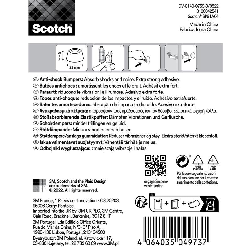 L'emballage des tampons élastiques absorbant les chocs Scotch® pour murs SP91A64 de 3M Deutschland GmbH montre des images d'application, des symboles de sécurité, des instructions multilingues, le logo de la marque, le code-barres et des informations détaillées sur l'entreprise.