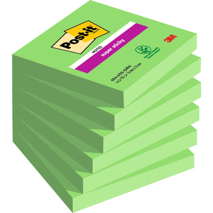 Ein Stapel Post-it® Super Sticky Notes (76 mm x 76 mm, 90 Blatt/Block, 100% PEFC) von 3M Deutschland GmbH, schräg angeordnet, mit dem Etikett des obersten Blocks nach oben.