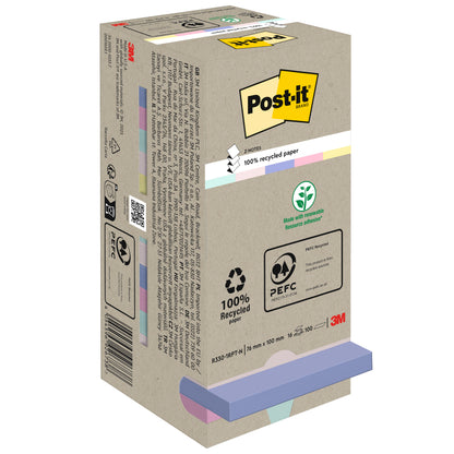 Eine Schachtel Post-it® Recycling Z-Notes (76 mm x 76 mm, 100% PEFC, 100 Blatt/Block) von 3M Deutschland GmbH. Die beigefarbene Verpackung zeigt umweltfreundliche Symbole und pastellfarbene Haftnotizen am unteren Rand mit einem sichtbaren 3M-Logo.
