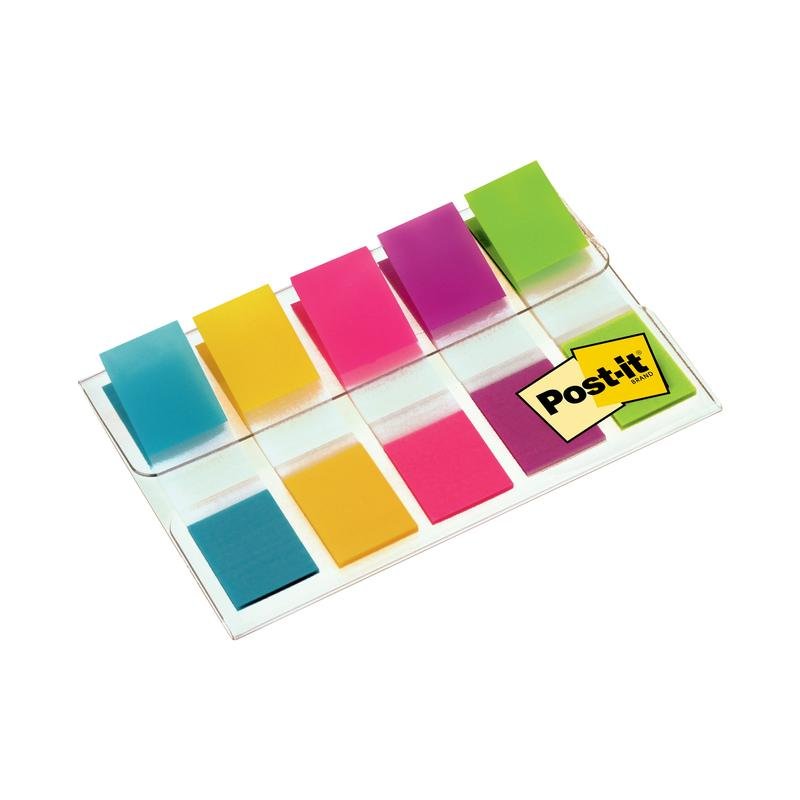 Le distributeur de Post-it® Index Signets Mini de 3M Deutschland GmbH contient 100 marqueurs colorés (11,9 x 43,2 mm) dans les couleurs bleu, jaune, rose, violet et vert ; sur le côté droit du distributeur en plastique transparent se trouve une petite étiquette Post-it Notes jaune.