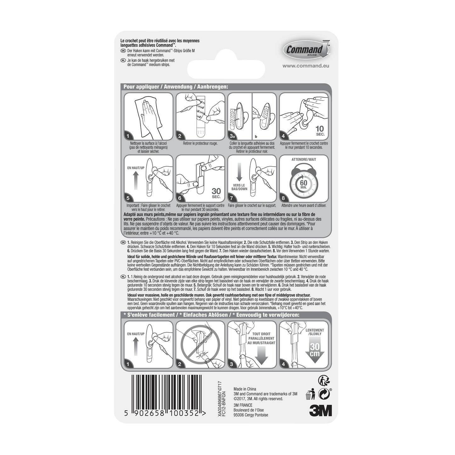 Rückseite der Command™ Metallhaken "klassisch" (3M Deutschland GmbH) Verpackung mit bebilderter, mehrsprachiger Anwendungs- und Entfernungsanleitung sowie einem Barcode am Boden.