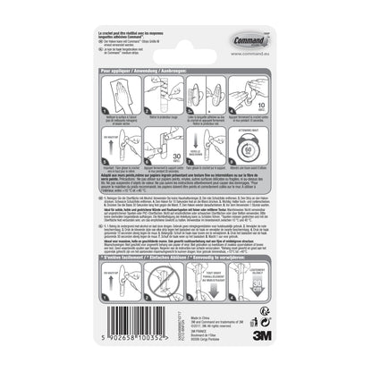 Rückseite der Command™ Metallhaken "klassisch" (3M Deutschland GmbH) Verpackung mit bebilderter, mehrsprachiger Anwendungs- und Entfernungsanleitung sowie einem Barcode am Boden.