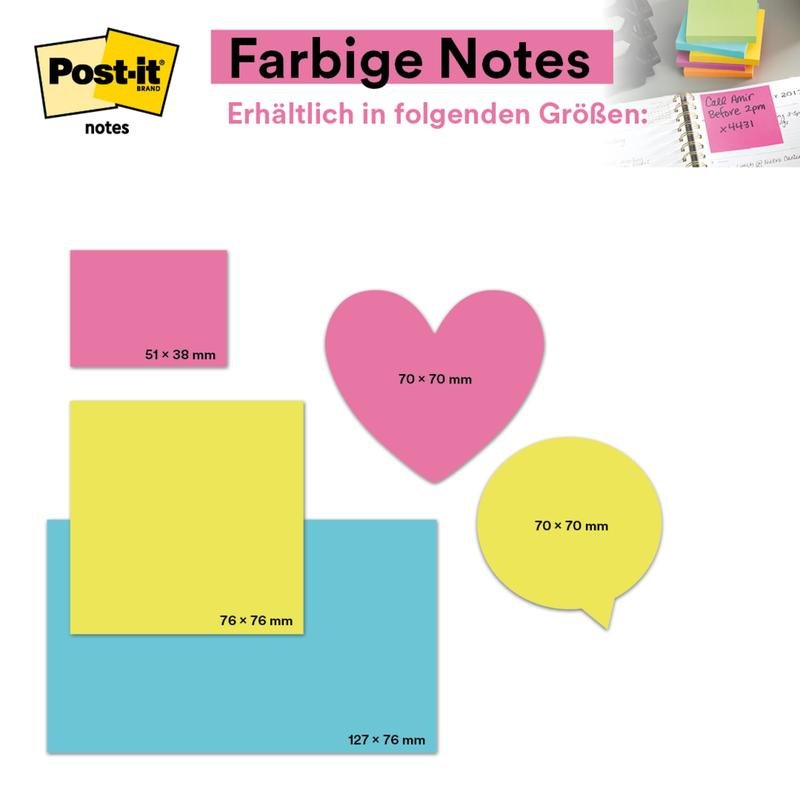 Une photo montre les Post-it® Notes certifiés PEFC de 3M Deutschland GmbH en rose, taille 76 x 76 mm, 100 feuilles par bloc et 6 blocs par paquet (SGSCH-PEFC-COC-110078), fabriqués à partir de papier certifié PEFC à 100%.