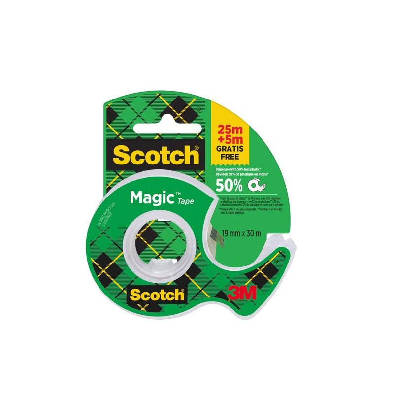 Un paquet de ruban adhésif invisible Scotch® Magic™ de 3M Deutschland GmbH, 19 mm x 25 m plus 5 m gratuits, est livré en 1 rouleau dans un dévidoir manuel.