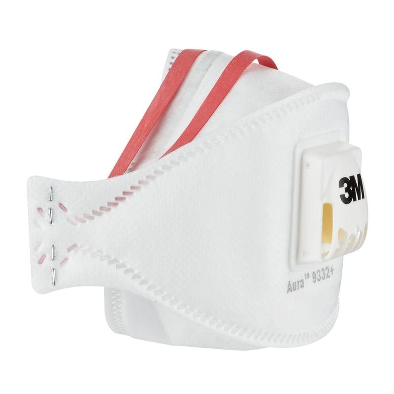 Une vue latérale du masque anti-particules 3M™ Aura™ Comfort Cool Flow™ 9332+ (FFP3, avec valve) de 3M Deutschland GmbH est représentée sur un fond uni avec du matériau blanc, des bandes rouges et une valve.