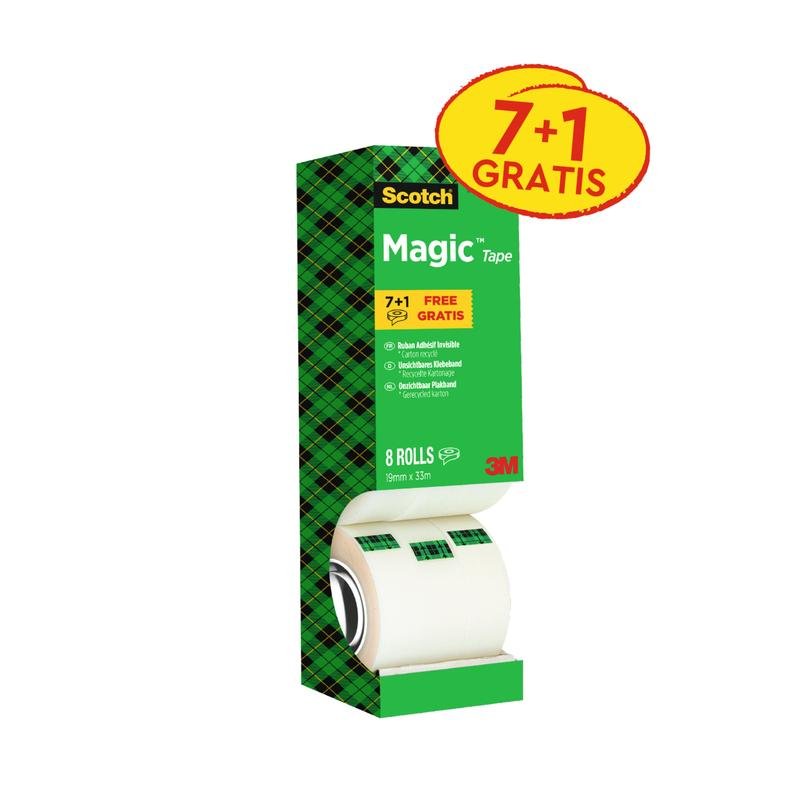 Le pack avantage de ruban adhésif invisible Scotch® Magic™ (8 rouleaux, 19 mm x 33 m) de 3M Deutschland GmbH est présenté dans un motif à carreaux vert-noir avec une étiquette jaune "7+1 GRATUIT" en haut à droite et les logos de la marque et de 3M visibles.