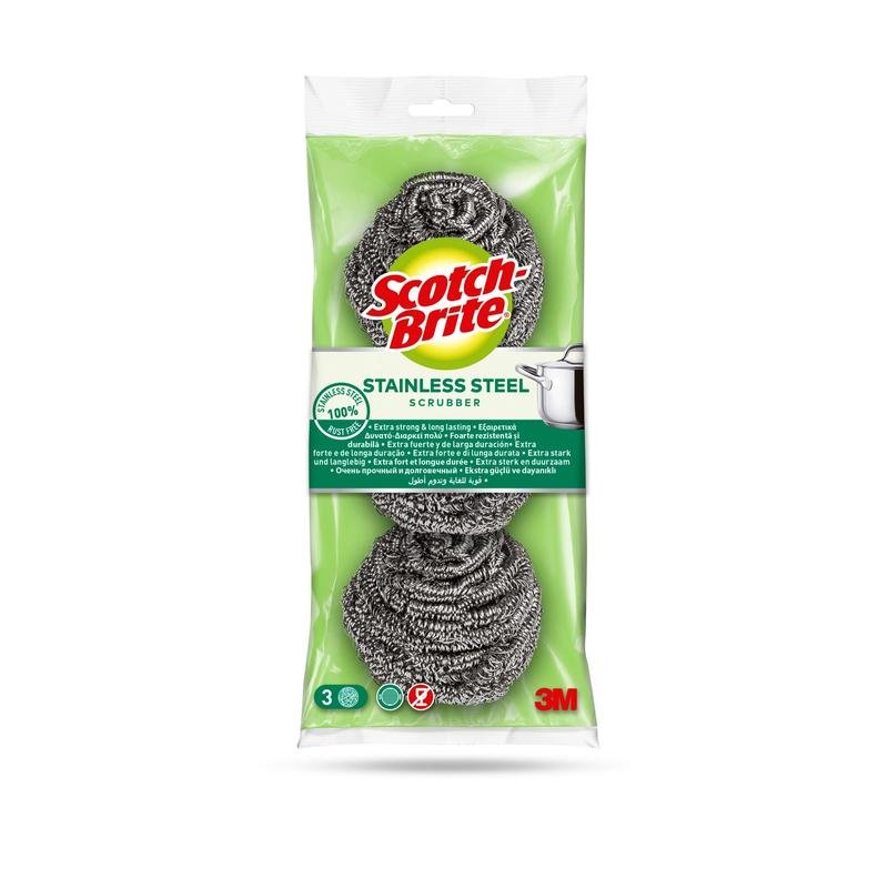 Un paquet de spirales en acier inoxydable Scotch-Brite® de 3M Deutschland GmbH avec 3 pièces. L'emballage vert clair montre les éponges, la marque, les informations sur le produit, le graphique de la casserole, et est idéal pour le nettoyage de la cuisine et la saleté tenace.