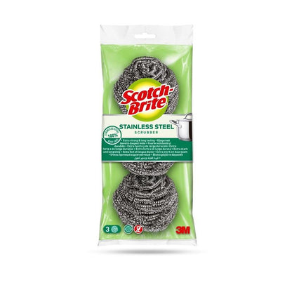 Un paquet de spirales en acier inoxydable Scotch-Brite® de 3M Deutschland GmbH avec 3 pièces. L'emballage vert clair montre les éponges, la marque, les informations sur le produit, le graphique de la casserole, et est idéal pour le nettoyage de la cuisine et la saleté tenace.