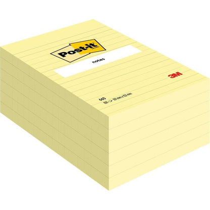 Une grande pile de Post-it® Notes grand format, Jaune (101 x 152 mm) de 3M Deutschland GmbH, avec une étiquette blanche sur le dessus et le logo 3M dans le coin inférieur droit. L'emballage contient 600 feuilles jaunes.