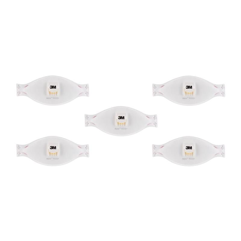 Cinq masques respiratoires à particules 3M™ Aura™ Comfort Cool Flow™ 9332+, FFP3, avec valve de 3M Deutschland GmbH sont disposés en deux rangées sur fond blanc, chacun montrant une valve centrale.