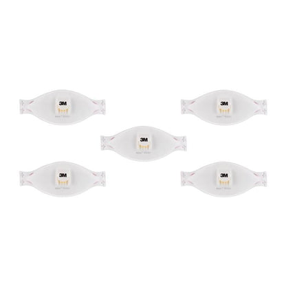 Cinq masques respiratoires à particules 3M™ Aura™ Comfort Cool Flow™ 9332+, FFP3, avec valve de 3M Deutschland GmbH sont disposés en deux rangées sur fond blanc, chacun montrant une valve centrale.
