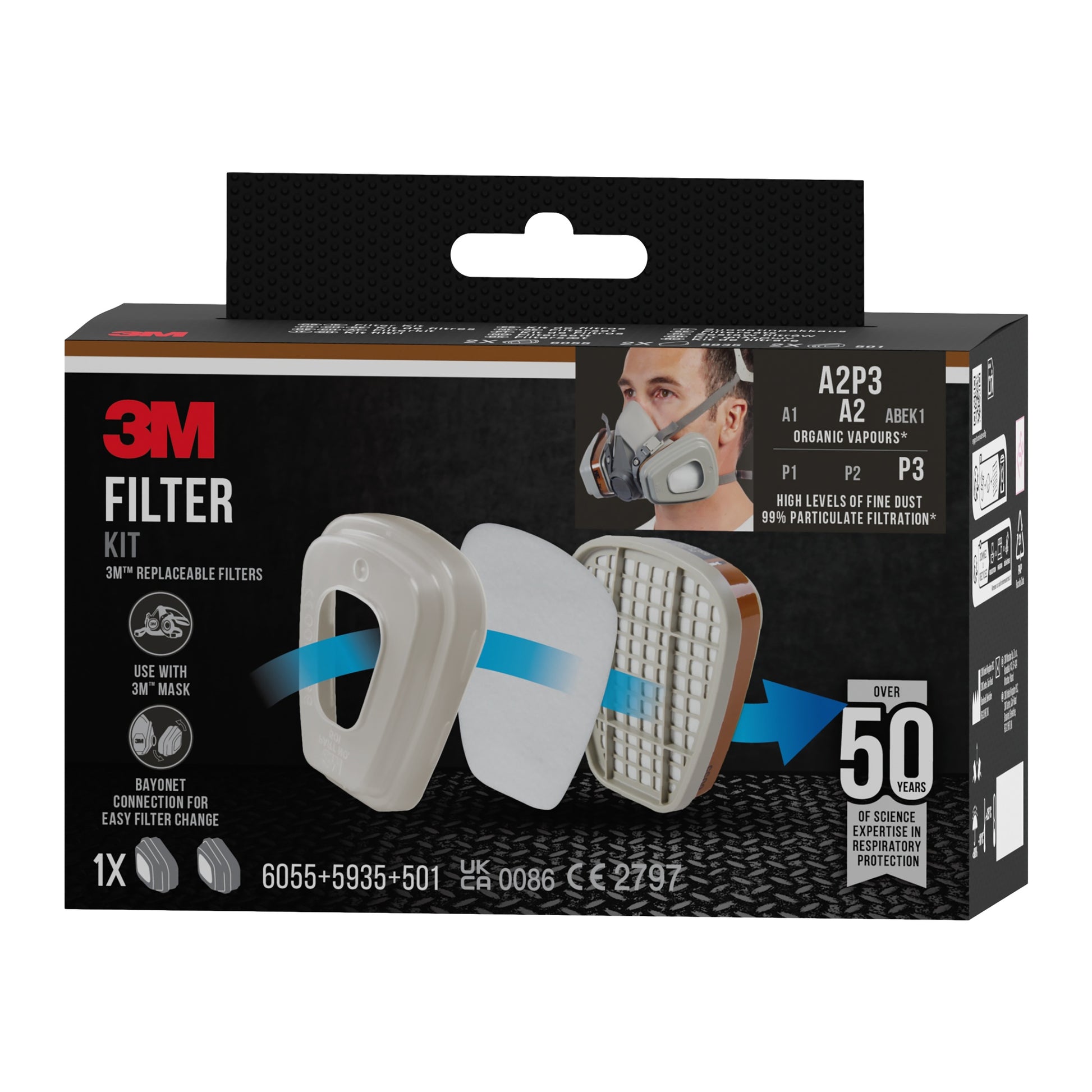 3M™ Filtersatz 6003-1 Box zeigt Filterabbildung, Anbringungsdiagramm, eine Person mit Atemschutzmaske und Produktinfos wie A2P3-Filtration für organische Dämpfe - über 50 Jahre Erfahrung von 3M Deutschland GmbH.