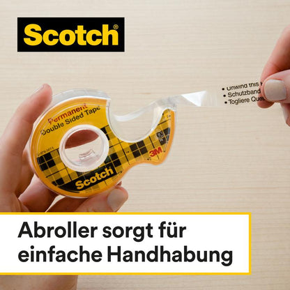 Une main tire une bande de ruban adhésif double face Scotch®, 1 rouleau, 19 mm x 33 m de 3M Deutschland GmbH d'un dévidoir jaune. Texte : "Le dévidoir assure une manipulation facile" - parfait pour les besoins en bricolage.
