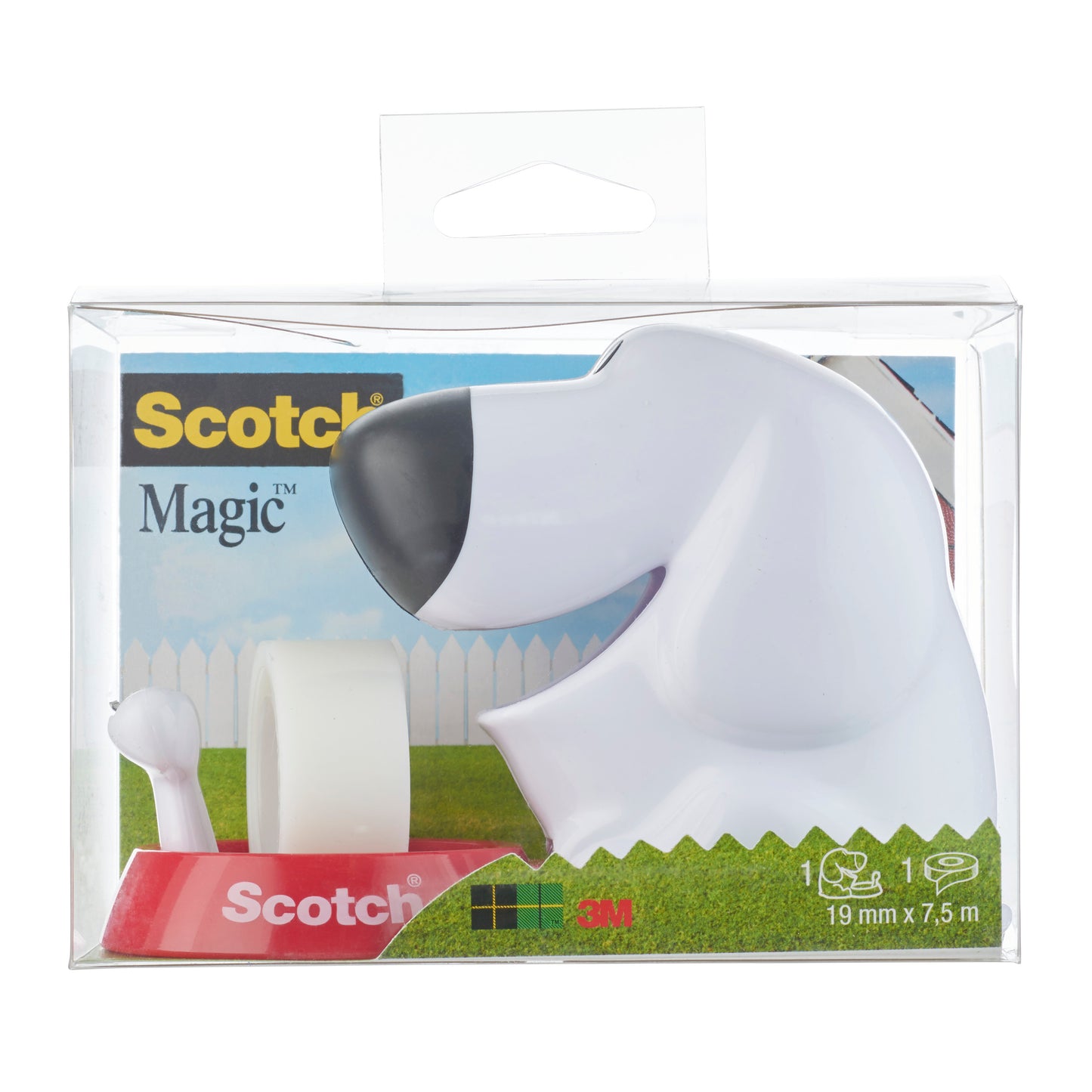 Der Scotch™ Tischabroller im Hunde Design C31 mit Scotch® Magic™ unsichtbarem Klebeband (19 mm x 8,89 m, 1 Rolle/Packung) von 3M Deutschland GmbH ist ideal für Bürobedarf und kommt in einer Box mit Markenlogo und Produktinfos.