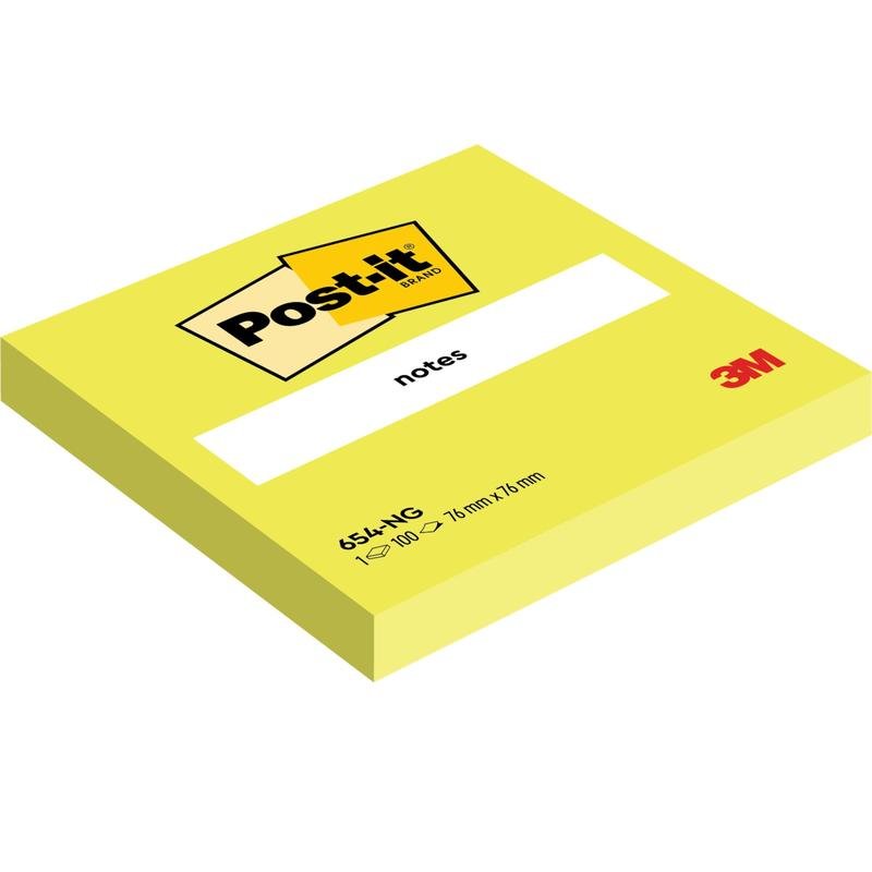 Un paquet jaune de notes Post-it® (76 mm x 76 mm, 100 feuilles/bloc, 100% PEFC) de la 3M Deutschland GmbH porte le logo de la marque Post-it et "notes" sur la couverture.