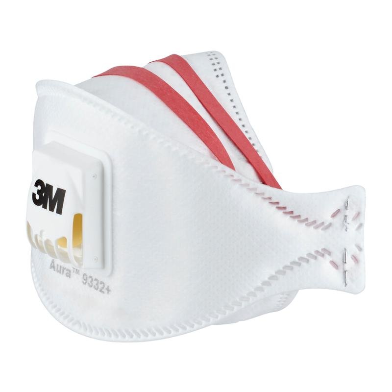 Le masque respiratoire à particules 3M™ Aura™ Comfort Cool Flow™ 9332+, FFP3, avec valve de 3M Deutschland GmbH est un masque respiratoire blanc avec deux bandes élastiques rouges et une valve jaune, illustré sur un fond uni.