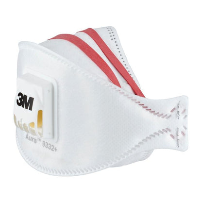 Le masque respiratoire à particules 3M™ Aura™ Comfort Cool Flow™ 9332+, FFP3, avec valve de 3M Deutschland GmbH est un masque respiratoire blanc avec deux bandes élastiques rouges et une valve jaune, illustré sur un fond uni.