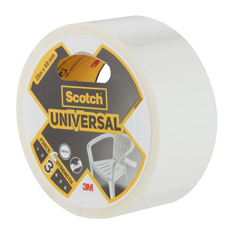 Un rouleau de ruban adhésif Scotch® Universal 2904 (25 m x 48 mm) de 3M Deutschland GmbH, avec une inscription blanche, force moyenne (3/6) et un emballage avec une image de chaise en plastique blanc.