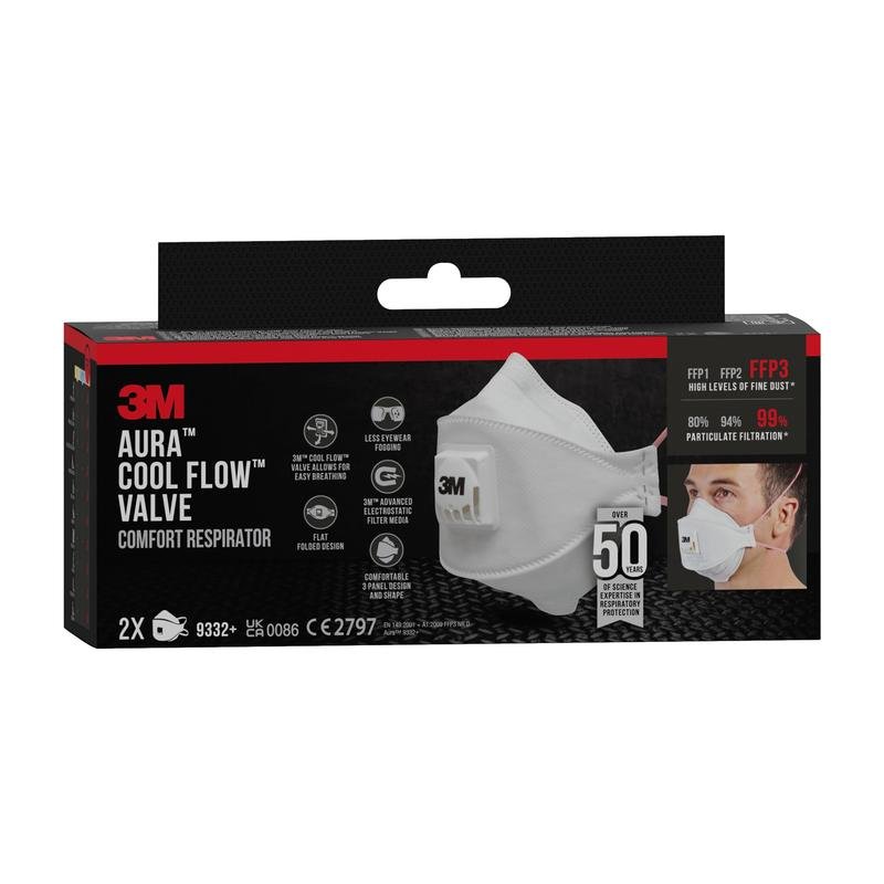 Illustrée est une boîte du masque respiratoire à particules 3M™ Aura™ Comfort Cool Flow™ 9332+, FFP3, avec valve de 3M Deutschland GmbH avec une illustration du masque blanc et du porteur. La boîte contient 2 masques et met en avant l'efficacité de filtration et le confort.