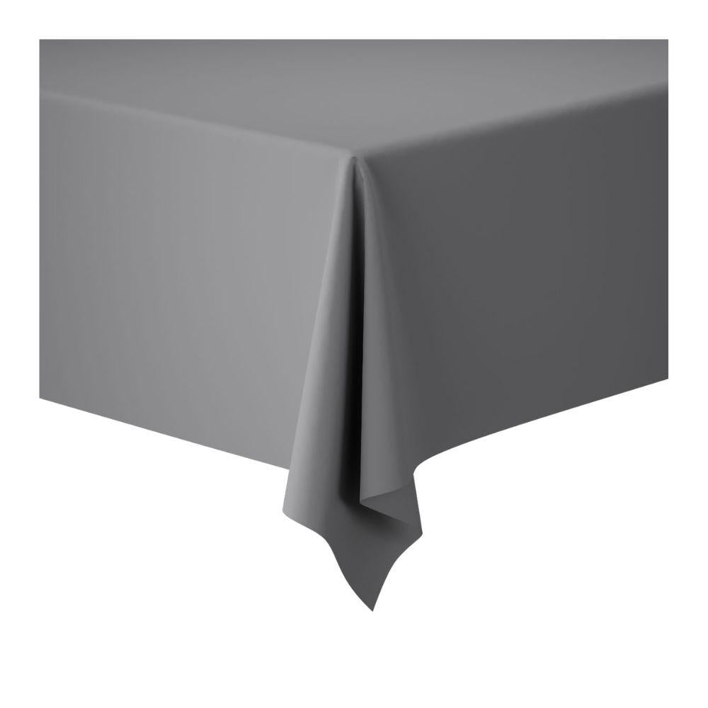 Eine Dunicel-Tischdeckenrolle 1,18 m x 10 m der Duni GmbH in unifarbenem Grau deckt die Tischecke ab, Stoffbehang auf zwei Seiten – ideal für Hochzeiten, Bankette und Firmenveranstaltungen.