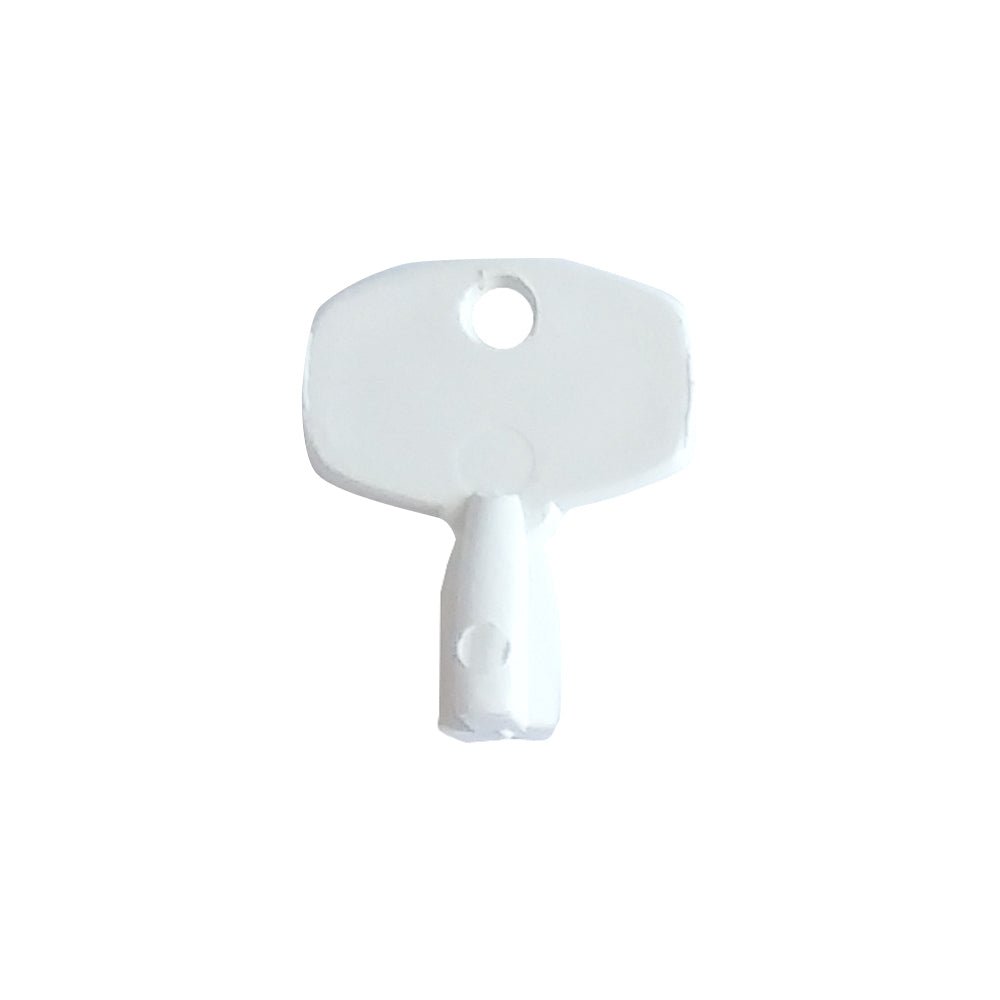 La clé Soft Care Bulk de Diversey Deutschland GmbH & Co. OHG est une petite clé de rechange blanche pour les distributeurs Soft Care Bulk, avec une tête rectangulaire arrondie, un seul trou supérieur et une tige cylindrique, représentée sur un fond blanc uni.
