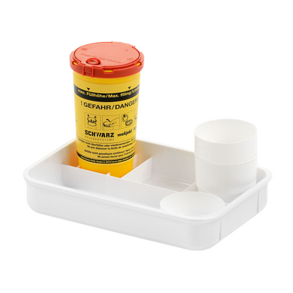 La tablette de glycémie melijekt E de Helmut Schwarz GmbH est une coque de rangement compacte blanche avec un récipient cylindrique jaune-rouge portant les inscriptions « Danger » et « Schwarz ». Elle est accompagnée de deux récipients blancs de hauteurs différentes, tous efficacement rangés dans des compartiments séparés. Parfait pour les établissements de soins ou pour un usage personnel.