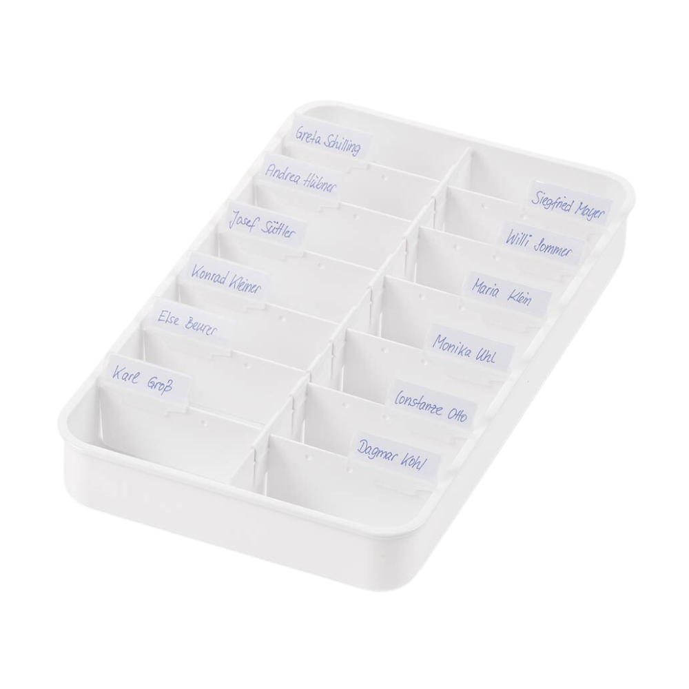 En tant que tablette melipul Anbruchtropfen, Helmut Schwarz GmbH propose une tablette blanche avec quatorze compartiments étiquetés en bleu. Elle est idéale pour organiser les médicaments liquides et est parfaitement adaptée pour maintenir l'ordre et l'efficacité dans les établissements de soins.