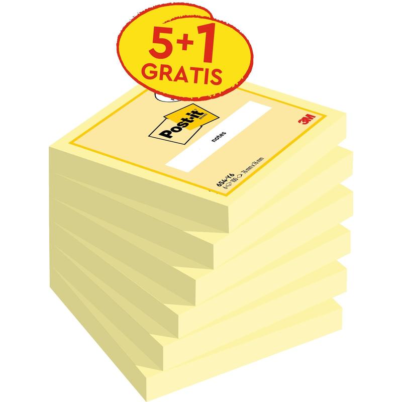 Notes Post-it®, jaunes, 76 mm x 76 mm, promotion, 100 feuilles/bloc, 5 blocs + 1 gratuit/paquet, 100 % PEFC, SGSCH-PEFC-COC-110078 | Paquet (6 pièces)
