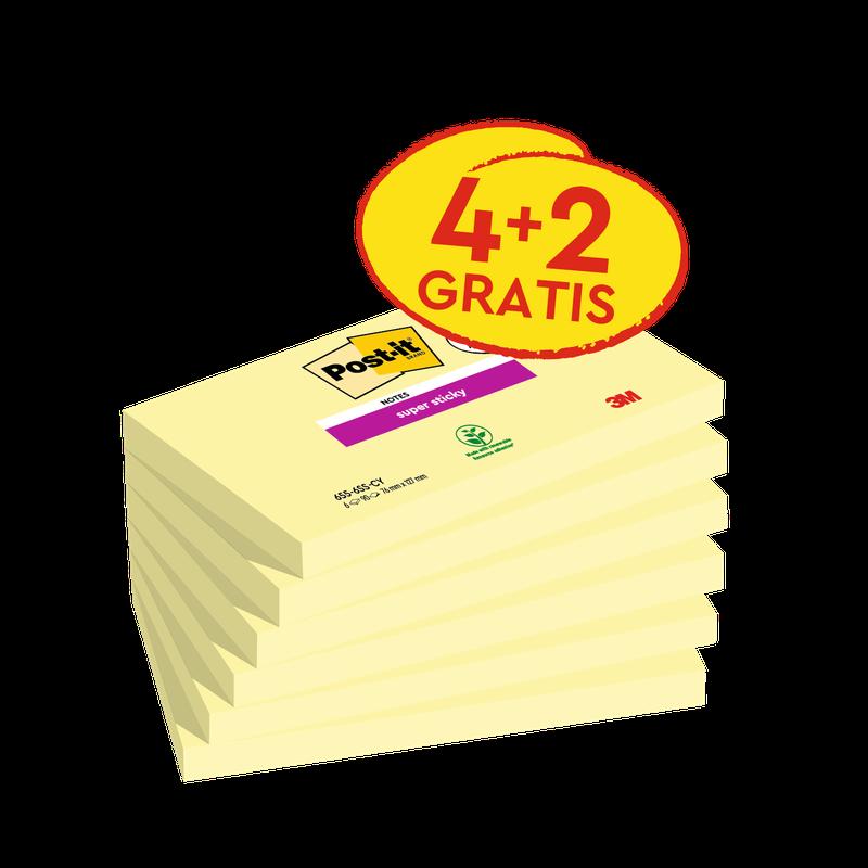 Feuillets super collants Post-it®, jaune, 76 mm x 127 mm, promotion, 90 feuilles/bloc, 4 blocs + 2 gratuits/paquet, 100 % PEFC, SGSCH-PEFC-COC-110078 | Paquet (6 pièces)
