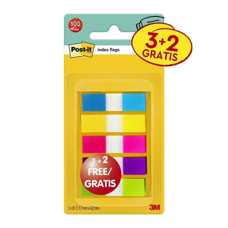 Bandes adhésives Post-it® Index, mini, couleurs assorties, 11,9 mm x 43,2 mm, promotion, 60 bandes adhésives + 40 gratuites/distributeur, 1 distributeur/paquet | Paquet (5 pièces)