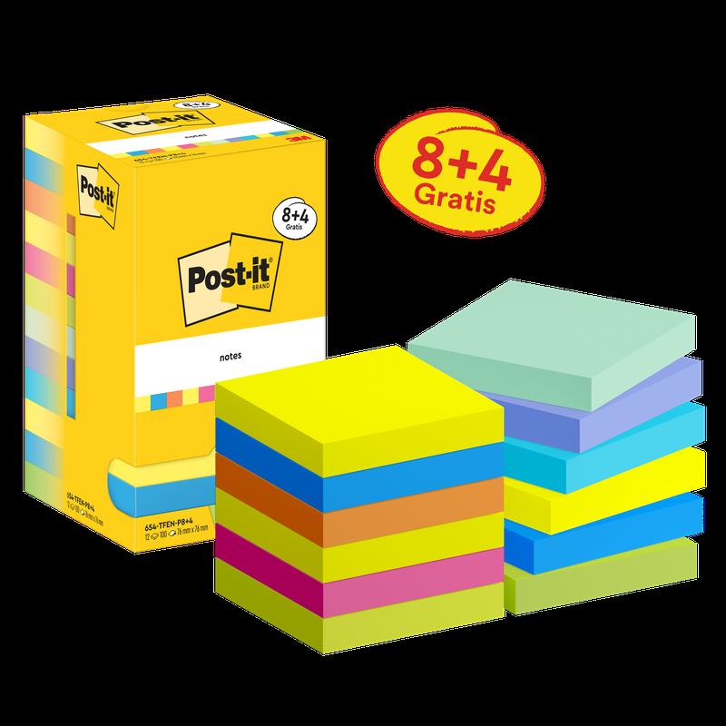 Notes Post-it®, Collection Énergétique, 76 mm x 76 mm, Promotion, 90 feuilles/bloc, 8 blocs + 4 gratuits/paquet, emballage en carton, 100 % PEFC, SGSCH-PEFC-COC-110078 | Paquet (12 pièces)