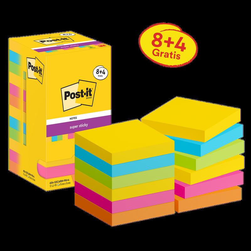 Feuillets super collants Post-it®, collection Carnival, 76 mm x 76 mm, promotion, 90 feuilles/bloc, 8 blocs + 4 gratuits/paquet, emballage en carton, 100 % PEFC, SGSCH-PEFC-COC-110078 | Paquet (12 pièces)