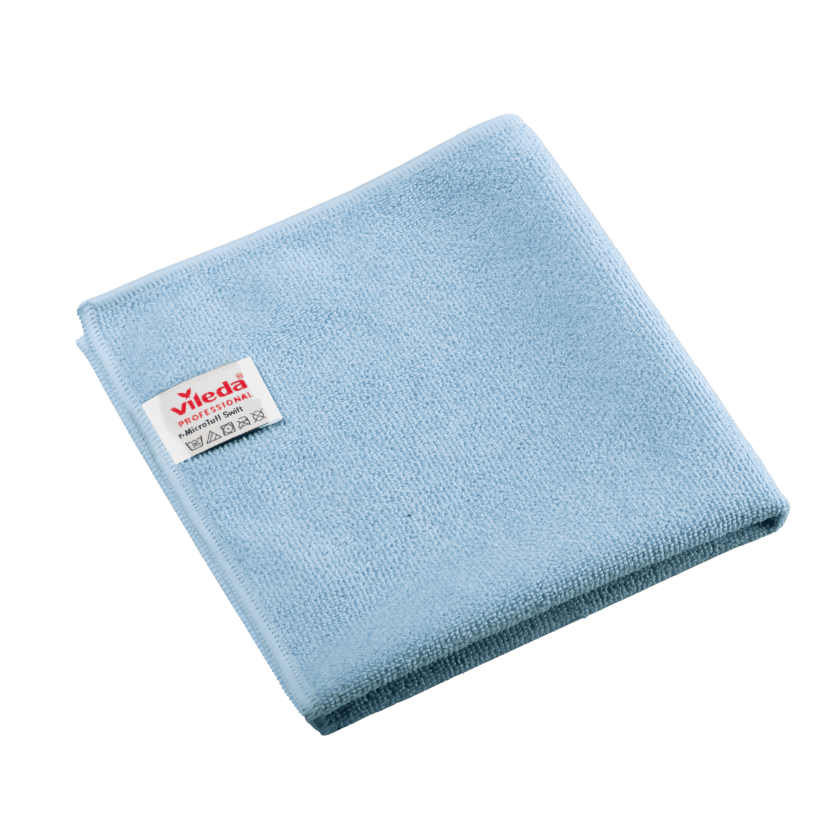 Chiffon en microfibre bleu plié « Vileda Professional r-MicroTuff Swift » muni d'une étiquette blanche cousue sur lequel figurent le nom de la marque et les symboles d'entretien.