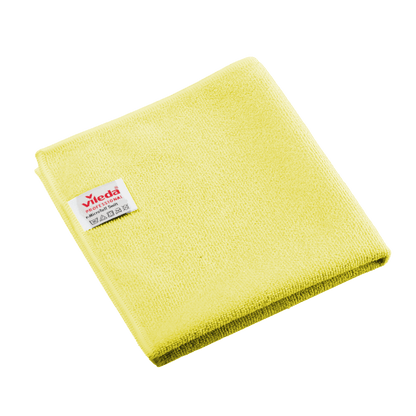 Chiffon en microfibre Vileda Professional r-MicroTuff Swift jaune, plié, avec une étiquette blanche cousue.