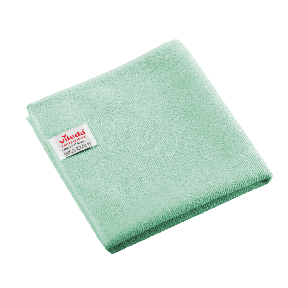 Chiffon en microfibre Vileda Professional r-MicroTuff Swift vert, plié, avec une étiquette blanche cousue.