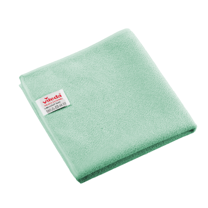 Chiffon en microfibre Vileda Professional r-MicroTuff Swift vert, plié, avec une étiquette blanche cousue.