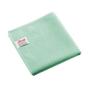Chiffon en microfibre Vileda Professional r-MicroTuff Swift vert, plié, avec une étiquette blanche cousue.