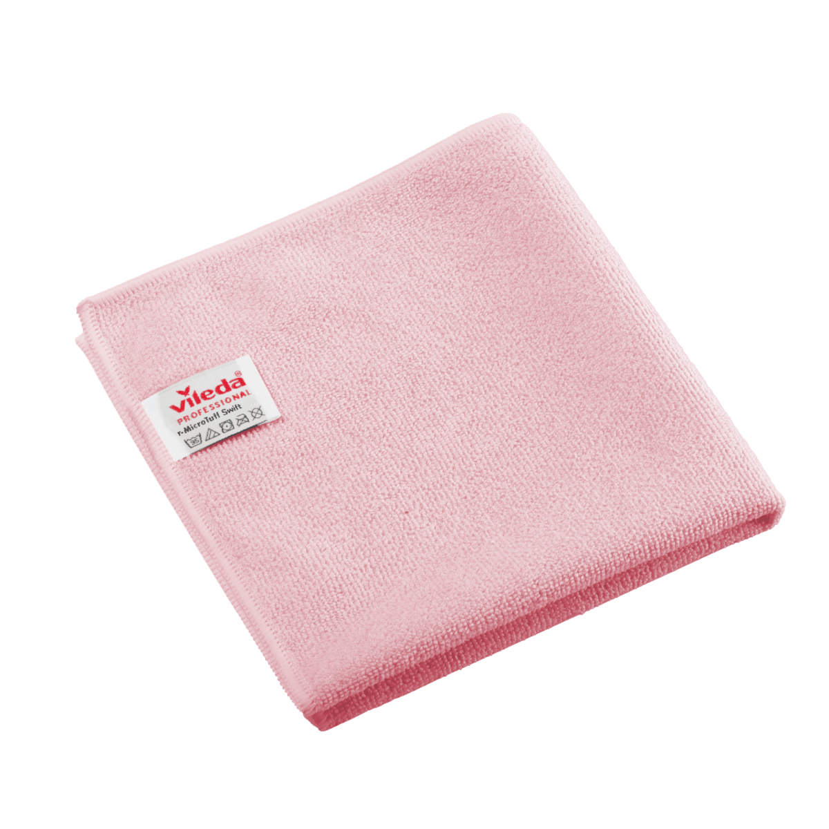 Chiffon en microfibre rouge plié « Vileda Professional r-MicroTuff Swift » avec une étiquette blanche cousue.