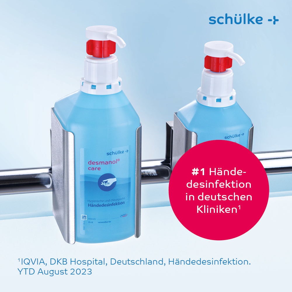 Zwei Flaschen Schülke desmanol® care Händedesinfektionsmittel der Schülke & Mayr GmbH sind in Metallhalterungen an einer Wand befestigt. Ein roter Kreis enthält den Text „#1 Händedesinfektion in deutschen Kliniken¹“. Der untere Text gibt den Datenkontext an: „IQVIA, DKB Hospital, Deutschland, Händedesinfektion. YTD August 2023“.