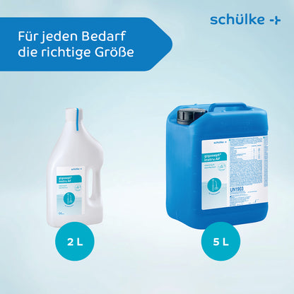 L'image montre deux conteneurs de désinfectant pour instruments Schülke gigasept® instru AF (sans aldéhyde) avec le logo de Schülke & Mayr GmbH. Le conteneur de gauche, idéal pour le nettoyage des endoscopes, a une capacité de 2 litres et est blanc avec une étiquette bleue, tandis que le conteneur de droite a une capacité de 5 litres et est bleu avec une étiquette blanche. Les deux sont posés sur un fond bleu clair. Le texte indique « La bonne taille pour chaque besoin. »