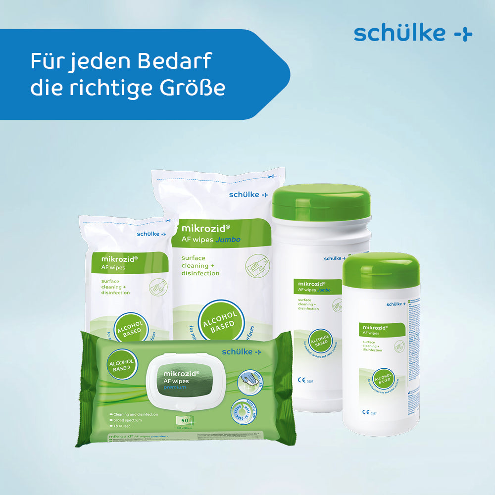 Une collection de produits de nettoyage et de désinfection de surface de Schülke & Mayr GmbH est exposée. Les produits médicaux comprennent des lingettes Schülke mikrozid® AF, des lingettes désinfectantes et des sprays de différentes tailles et conceptions, tous mis en valeur par des étiquettes vertes. Le texte dit : « Pour chaque besoin, la bonne taille. »