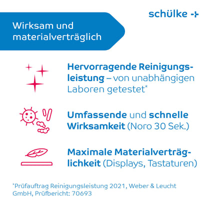 L'image montre un texte allemand sur les lingettes mikrozid® universal wipes green line de Schülke & Mayr GmbH, soulignant leur efficacité, leur compatibilité avec les matériaux, leur excellente performance de nettoyage, leur rapidité d'action et leur sécurité maximale pour les matériaux dans la prévention des infections. Logos et étoiles embellissent cette annonce du désinfectant faiblement alcoolisé.